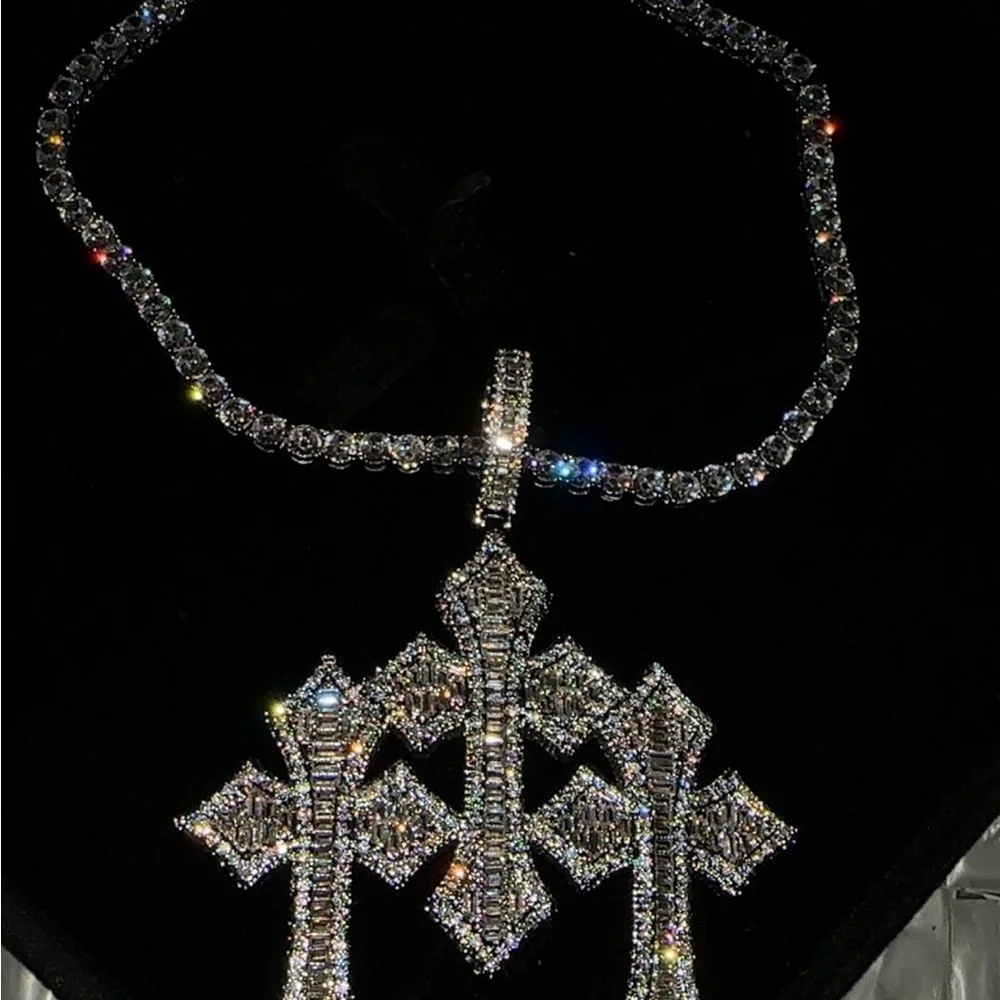 Silver Triple Cross Pendant tennis Necklace - 20inch